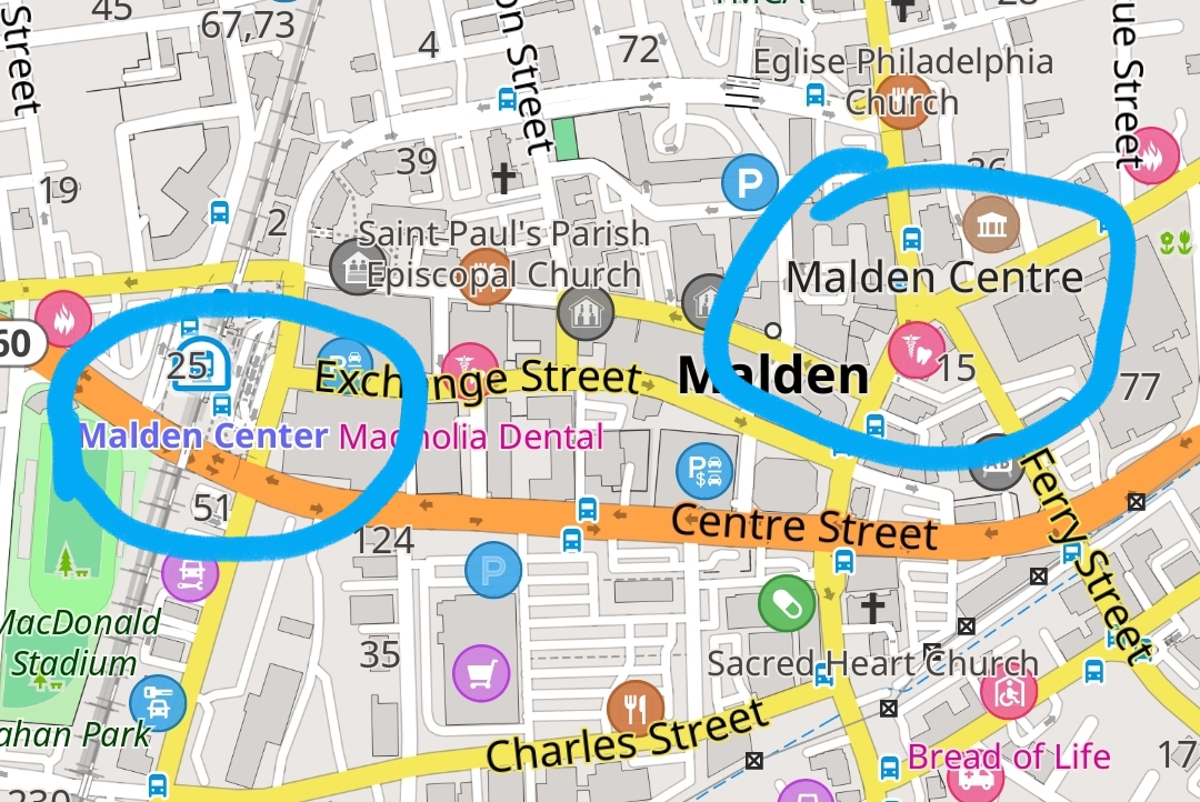 A map showing Malden Center (circled, left) and Malden Centre (circled, right)